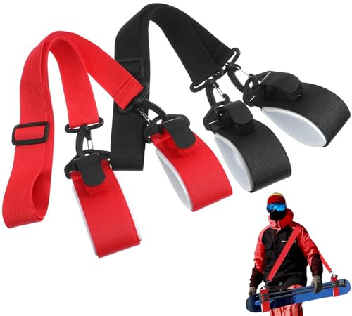Healeved Correa de Snowboard Ajustable para Transporte, Banda de Fijación para Esquís, 2 Piezas (1 Negra y 1 Roja), Correa de Hombro Portátil para Deportes de Invierno y Esquí de