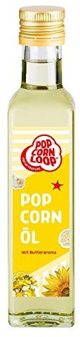 Popcornloop Popcorn Öl für Mais 250 ml Flaschen Hocherhitzbar Butter High Oleic Fett mit Butteraroma Buttergeschmack Oil Omega Hocherhitzbares Bratöl Popcornmaschine Zucker Salz Rapsöl Sonnenblumenöl
