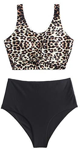 ZAFUL Zweiteiliger verknotet Tankini Beachwear Set, einfarbiger gepolsterter Badeanzug mit Schulterträger & Badehose mit Tropisches Blattmuster für Damen (Leopardenmuster, L)