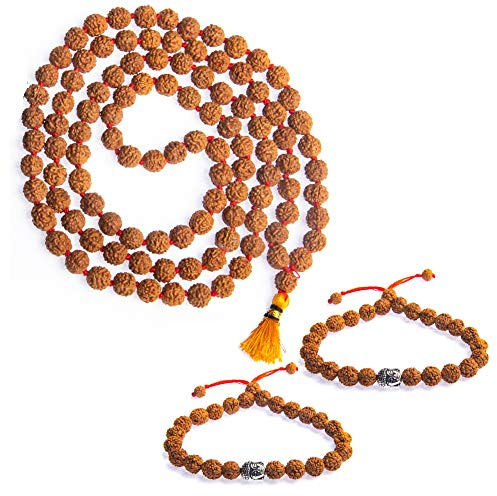 Wonder Care Autentisk Rudraksh Mala-5face - Äkta Himalaya Rudraksha-frön, religiös prydnad, radband, Japa Mala halsband - importerad från Nepal e Ingen metall, colore: 8 mm Mala + 2 st armband, cod. Rudra8mm + 2BudhaBracelet