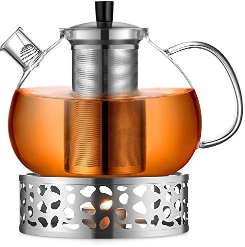 ecooe Original 2000ml Silberne Teekanne Glas Borosilikatglas Teebereiter mit 18/8 Edelstahl Stövchen Abnehmbare Sieb Hitzebeständig für Schwarzen Tee Grüner Tee Fruchttee Duftender Tee Teebeutel