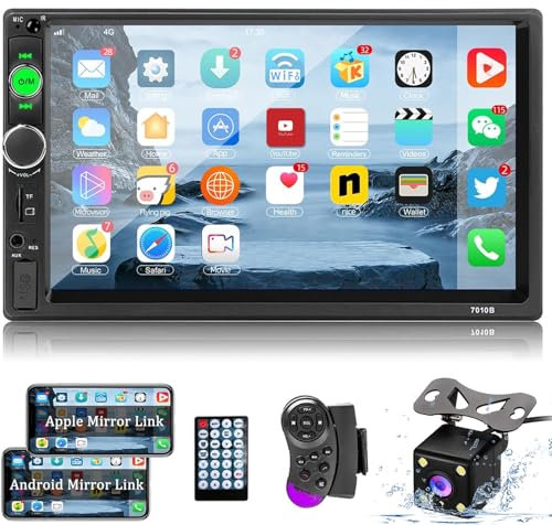 Doppel Din Radio mit Bluetooth 7 Zoll Autoradio mit Bildschirm - Link spiegeln/AUX/USB/FM/TF Karte/SWC + Rückfahrkamera