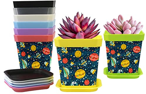 Macetas cuadradas de 7 cm, para interiores, diseño de estrellas espaciales de dibujos animados, mini macetas de plástico, suculentas, macetas con palet / bandejas, paquete de 8