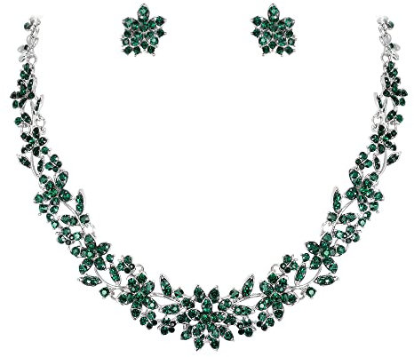 EVER FAITH österreichischen Kristal Blume Blatt Hochzeit Schmuck-Set Grün Silber-Ton