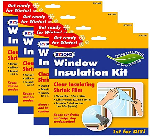 Window Insulation Kit Indoor Fit Double Glazing Shrink Film Draught Excluder Cold Condensation, Transparent Insulating Foil for Thermal Insulation of Windows (4 Pack)