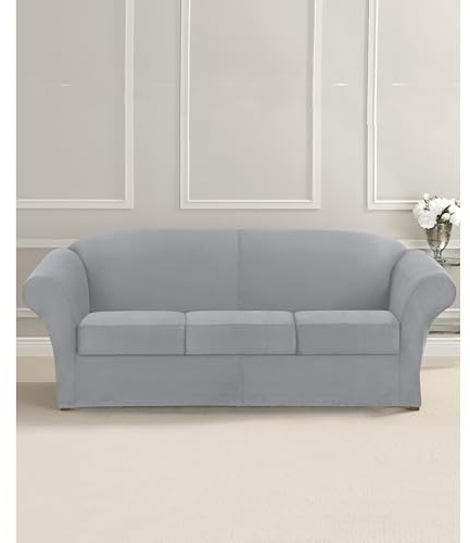 SureFit Ultimate Stretch Suede Four Piece Sofa Slipcover | Form-Fitting | Individual Cushion Covers | Machine Washable Sofa/Box Cushion/Light Gray