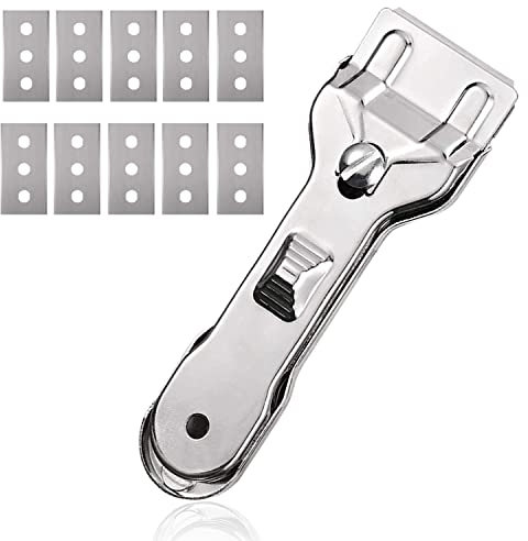 Ceranfeldschaber Metall, Schaber Ceranfeld mit 10Pcs Ersatzklingen, Zweischneidiger Reinigungsschaber, zum Entfernen von Flecken auf Herd, Glas und Keramik, Kochfeldschaber