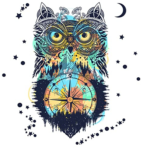 WandSticker4U®- Wandtattoo Schlafzimmer EULEN-KOMPASS bunt (39x46 cm) I Boho Wandsticker Tiere Mond Sterne I Wanddeko Wohnzimmer Küche Flur Jugendzimmer Deko Mädchen Junge Tür Aufkleber COOL