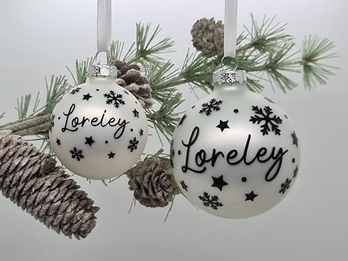 Christbaumkugel mit Namen 6cm oder 8cm - Glas - Personalisierte Weihnachtsbaumkugel inkl. Geschenkkarton (8 cm, Weiß glänzend)