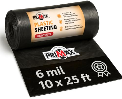 PRIMAX 6 mil Plastic Sheeting (10'x25')– Waterproof, UV Resistant, Heavy Duty Thick Plastic Sheeting Roll for Weed Barrier, Moisture, Vapor Barrier, Construction Film, Lumber Tarp, Ground Cover, Black