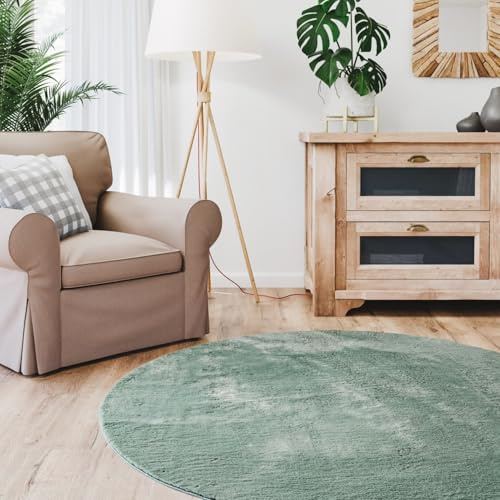 Interiyou matta lång lugg Fargo - 200x200 cm Rund Grön - Pälsmatta av konstpäls, mjuk, tvättbar, halksäker, fluffig