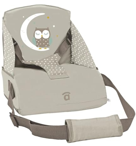 Asalvo BOOSTER CUSCUS Tragbarer Reise-Hochstuhl für Babys, Sitzerhöhung zum Essen, faltbar, Sicherheitsgurt, integrierte Tasche, Rückenlehne 25 cm, ab 6 Monaten bis 15 kg (Eule)