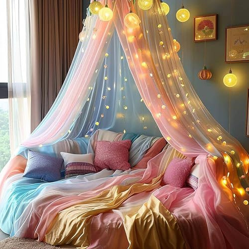 HanYun Regenbogen Betthimmel Mädchen, Bett Baldachin mit 100 LED-Lichterketten, Ultra große hängende Königin Baldachin Bett Vorhang Netz für Baby, Kinder, Mädchen Moskitonetz Reise Mückennetz