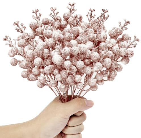 Kunjocy 12 Pcs Snowy Christmas Glitter Berries Stems - Frosted Decorations Artificial Picks for Wreath, Garland, Xmas Tree Ornament (Rose Gold)