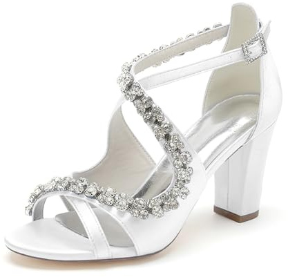 GHSIRUEU Sandalias De Tacón Ancho para Mujer Correa Cruzada Zapatos De Boda De Novia De Fiesta con Diamantes De Imitación,Blanca,40 EU