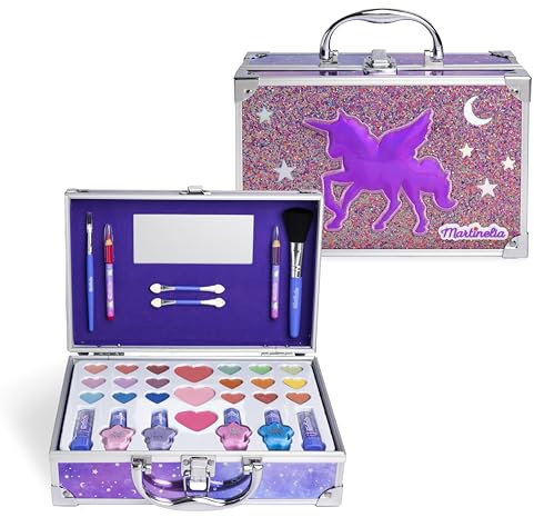 MARTINELIA - Make-up-Palette für Kinder Galaxy – Make-up-Set für Mädchen: Lippenstift, Lidschatten, Nagellack für Kinder, Rouge mit Spiegel – Koffer aus Metall