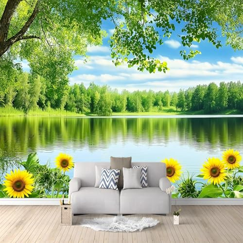 Générique Papier Peint intissé Fleurs De Tournesol Bois Lac 200x140 cm Papier Peint Photo Panoramique, Poster Geant Mural Personnalisé 3D, pour Salon Cuisines Chambre Adulte Enfant Décor Murale