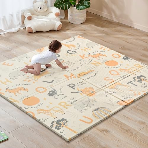 Sour Lemon 120x120cm Folding Wildlife Mat, Thick Padded Baby Crawl Mat, Baby Play Mat, Foldable Kids Playmat, Large Babies Activity Play Mat, Non-Slip, Waterproof, Double-Sided Playpen Mats