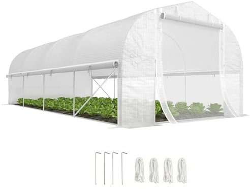 Outsunny Serre en Film Plastique 6 x 3 x 2 m avec 8 fenêtres & Porte, parois latérales enroulables, Tunnel en Film Plastique résistant aux UV Maison de tomates avec Cadre en Acier galvanisé, Blanc