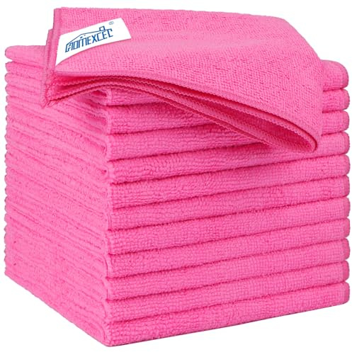 HOMEXCEL Rosa Mikrofasertücher 12 Stück, Wiederverwendbare Küchen-Mikrofaser-Reinigungstücher, Lappen Putztücher Geschirrtücher, Fusselfreie Waschbare für Zuhause, Fenster, Auto 32 x 32 cm