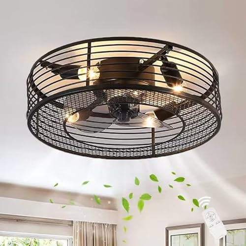 Retro Industrial Metal Cage Ceiling Fan with Lighting and Remote Control for Bedroom Living Room Dining Room Office Silent Mute Fan Chandelier