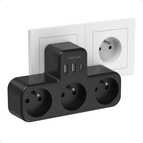 TESSAN Multiprise Murale Française 3 Sortie AC et 2 USB C, 4000W, Noir | Prise Multiple avec 3 AC et 3 Ports USB, Adaptateur Secteur,Convient pour la Maison, Bureau, Compatible avec Phone, Portable