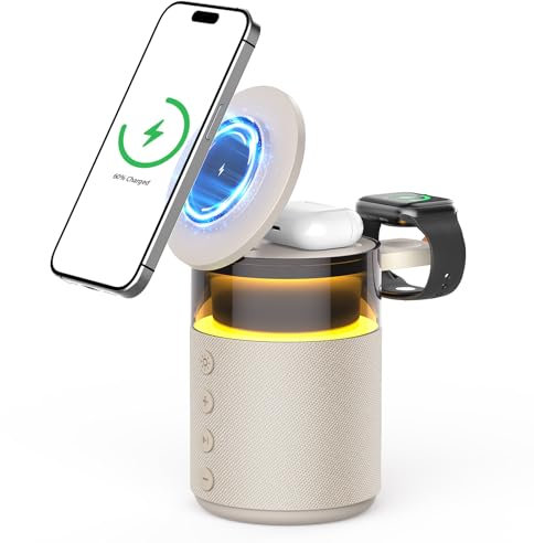 Altoparlante Bluetooth 3 in 1 con luce notturna e stazione di ricarica induttiva – compatible con iPhone 17/16/15/14/13/12 Pro Max, Apple Watch e Earbuds con ricarica wireless, adattatore da 33W