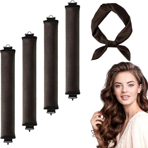 4 Pack Heatless Curlers Set for Long & Short Hair - Efficient No Heat Hair Curler Rods with Sturdy Clips & Headscarf, Overnight Blowout Rods for Damage-Free Waves, 4pc Heatless Hair Rollers Kit（Brown）