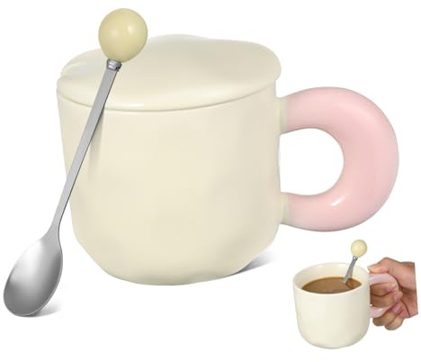 VALICLUD Taza de Desayuno de Cerámica Amarilla 301-400ml con Tapa y Cuchara