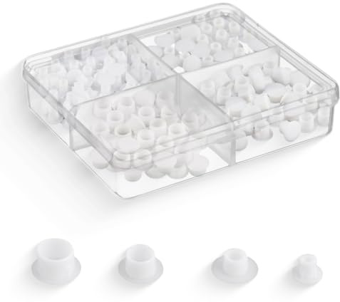 COYUN 120 Pcs Abdeckkappen für Bohrlöcher, 5mm/6mm/8mm/10mm Möbel Lochabdeckung Weiß, Kunststoff Lochstopfen, Schrank Abdeckstopfen für Schrauben und Bohrungen, mit Einer Transparenten Vier-Fächer-Box