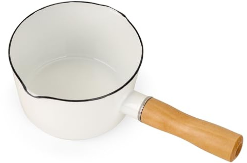 WeeGoo 700 ml Enamel Milk Pan with Wood Handle, Enamel Saucepan with Dual Pour Spout, Non Stick Enamelware Saucepan for Home Kitchen Restaurant