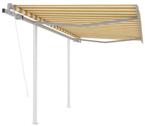HaoChrymec Markise Automatisch Einziehbar mit Pfosten, Elektrische Steuerung, UV-beständiger Polyesterstoff, Sonnenschutz Balkon, Freistehende Markise, Gelb Weiß, 350 x 250 cm