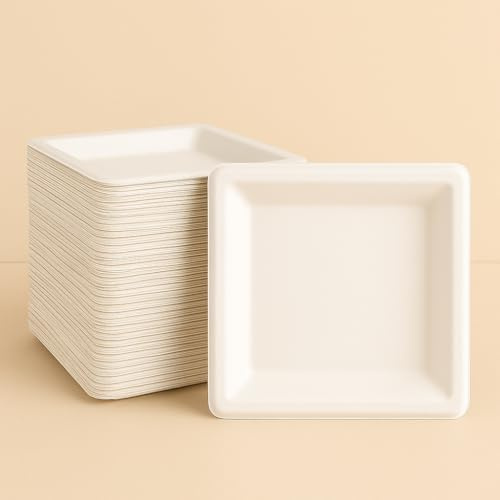 Biovely - [20x20cm - 50 pezzi] Piatti QUADRATI piani biodegradabili compostabili ecologici in bagassa - usa e getta, resistenti e riciclabili, ideali per feste, catering, eventi