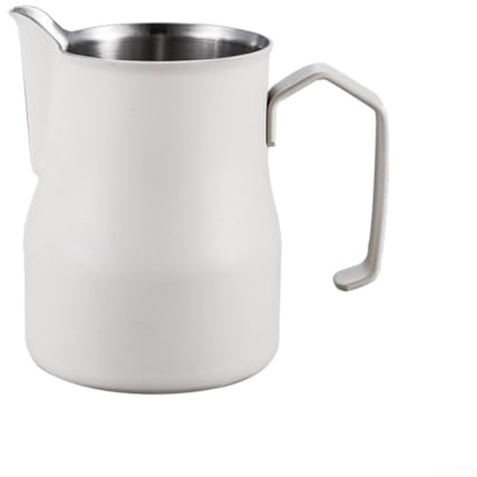 Pichet à mousse de lait, en acier inoxydable résistant à l'usure, tasse à café italienne à ouverture pointue avec poignée double incurvée pour latte art cappuccino lait (blanc)