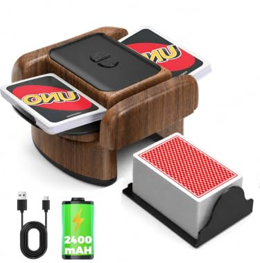 BeSokar Automatischer Kartenmischer, 2 Laufmodi, Aufladbar mit Langzeit-Batterie, Geräuschlos, für UNO, Poker, Black Jack Karten, Schwarz (Holzmaser)