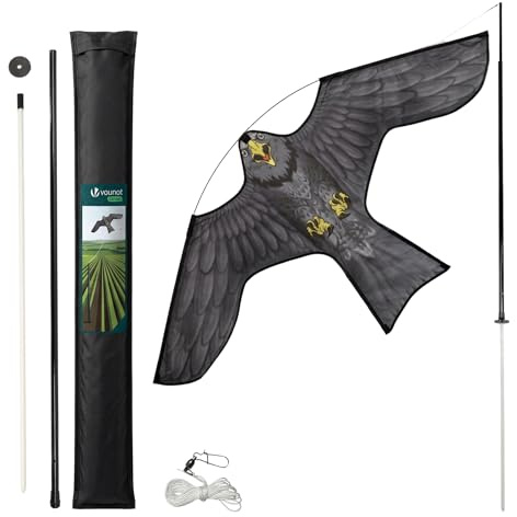 VOUNOT® Spaventapasseri Uccelli con Aquilone Falco Realistico, Dissuasore Uccelli da Esterno con Asta Telescopica 4 m, per Giardino, Orto e Fattoria, Modello D