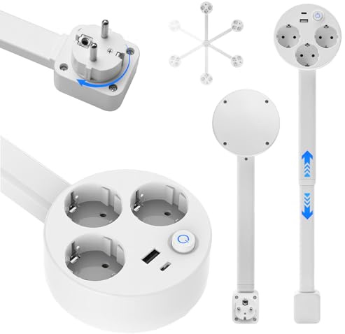 Steckdosenverlängerung mit Schnellladefunktion,ausziehbare Steckdose mit ausziehbarer,drehbare steckdosenleiste (45-67cm),1 USB A,1 USB C und 3-Fach Steckdose,360° schwenkbar Socket Extension