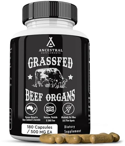 Ancestral Supplements Grass Fed Beef Organ Supplement, Supports Whole Body Wellness with Proprietary Blend of Liver, Heart, Kidney, Pancreas, Spleen, Freeze-Dried Beef, Non-GMO, 180 Capsules
