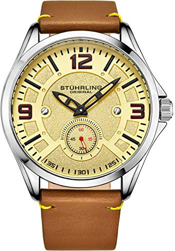 Stuhrling Original Aviator Herrenuhr - Strukturierte analoge Zifferblattuhr in Schwarz, Zifferblatt in Sekundenschnelle, lässiges genähtes Lederband, 3934 Mens Watches Collection (Beige)