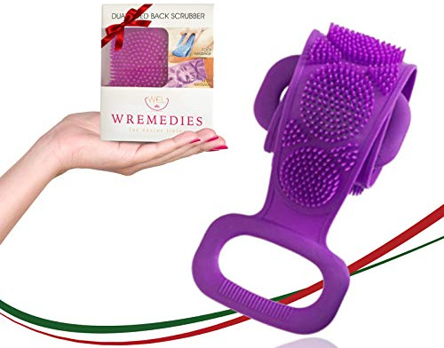 Wremedies for Easier Living Silicone Dual Sided Back Scrubber Body Wash Shower Exfoliating Deep Clean Massage Cleansing Pad Scrub Back Acne Bath Cleanser Ideal for Men and Women (Purple)