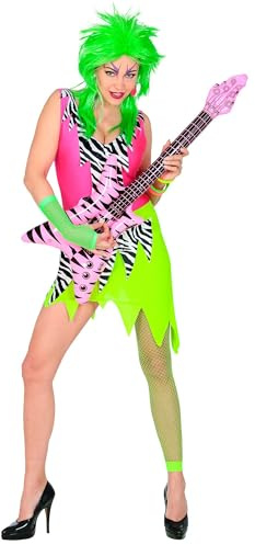 Widmann - Kostüm 80er Jahre Mode Girl, Kleid und fingerlose Netzhandschuhe, Neon, Disco, Mottoparty, Karneval