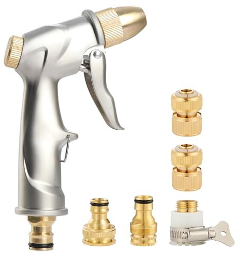 Pistola a spruzzo del giardino, Pistola ad Acqua, Pistola da Giardino in Metallo, Ugello a Spruzzo ad Alta Pressione per Irrigazione Delle Piante con 4 Connettori Rapidi (corto)