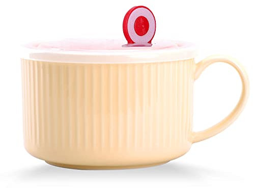 WHJY Cuenco de cerámica de 30 onzas con tapa y asa para sopa y fideos instantáneos, estilo moderno y simple, con mango de preservación del calor, color amarillo