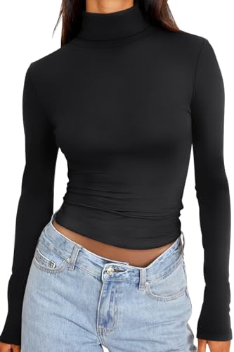 Trendy Queen Camisas de Manga Larga con Cuello Alto para Mujer, Ropa Interior térmica básica, Ropa Interior de Invierno 2025, Negro -, M