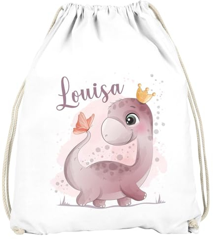 SpecialMe® Kinder Turnbeutel mit Name Dino Dinosaurier Schmetterling personalisierte Geschenke Mädchen Jungen Weiss unisize