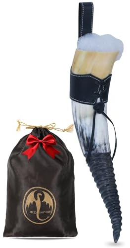 OLDEMPEROR Viking Drinking Horn – 12 Inch with Leather Holster | Handcrafted Beer Mug | Food Safe | Genuine Ox Horn | Natural Polished Finish | Twisted Grip Viking Chirstmas Gifts for Men & Women
