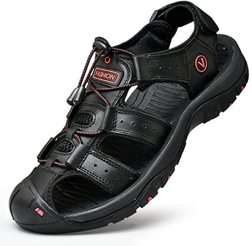 KINHA Sandali da uomo in pelle sandali classici estivi da uomo sandali morbidi e confortevoli sandali da spiaggia uomo scarpe di grandi dimensioni 38-47, Nero , 50 EU