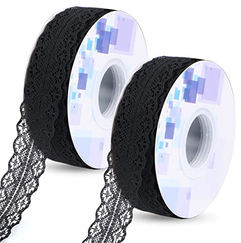 Spitzenband Schwarz 2 Rolls,Spitzenstoff Schwarz Spitzenband,RUNEAY 45 Meter Spitzenband Schwarz Vintage Spitzenbordüre Zum Nähen für Hochzeit Tischdeko Basteln Geschenkband Kraftpapier (3CM)