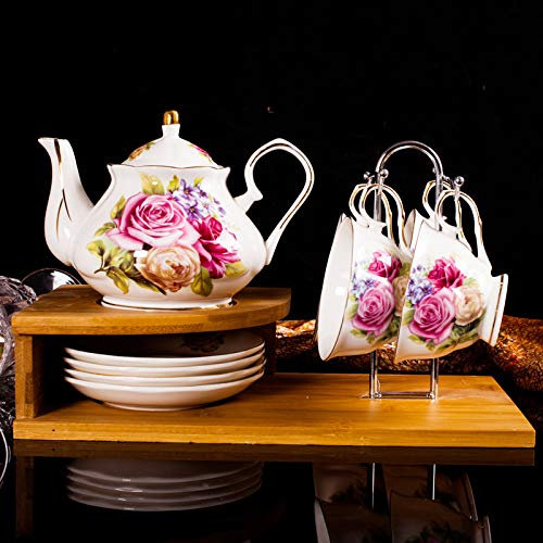 JUNNIU Servizio da tè Floreale Vintage per Adulti Set da tè in Porcellana Britannica Set di Tazze da tè e piattino Set Regalo da caffè in Porcellana Cinese con Supporto per portabicchieri,A (B) (G)