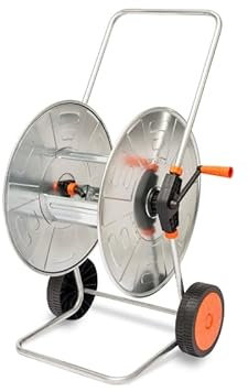 Carrello avvolgitubo con ruote in plastica, adatto a medie superfici; rullo e telaio in acciaio zincato per tubo 100 m da 1/2 e 80 mt da 3/4